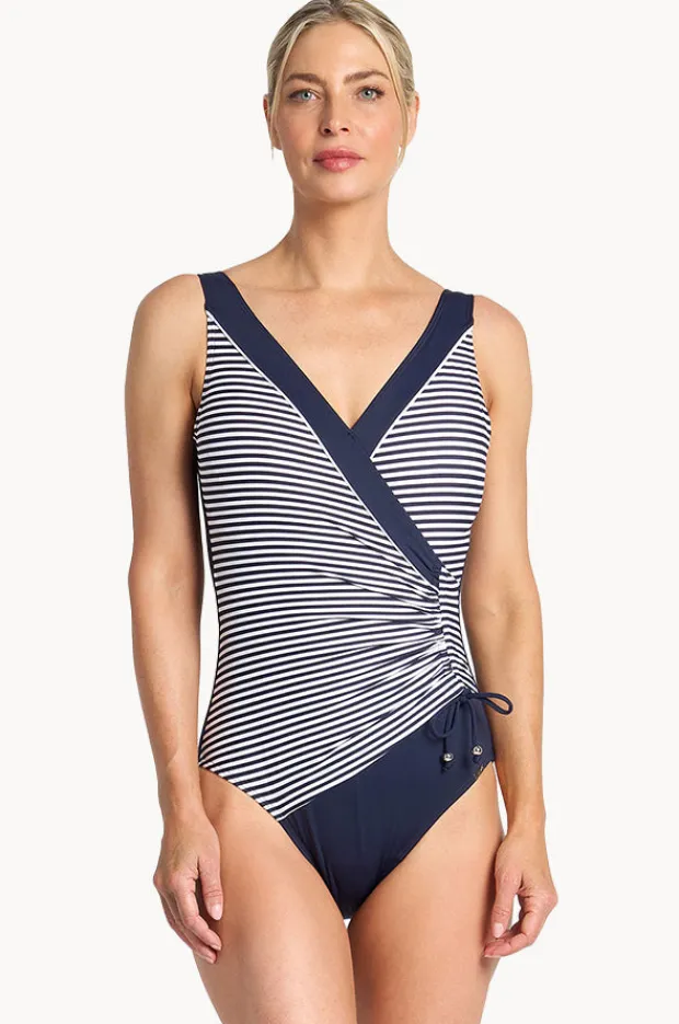 Women Jantzen Anchor Stripe DD/E Cup Gathered Surplice One Piece