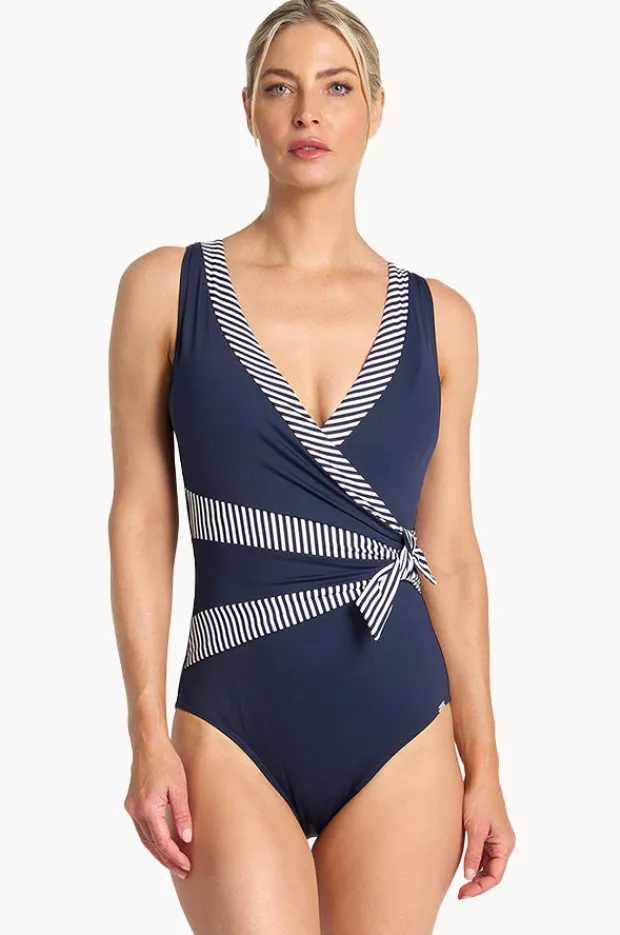 Women Jantzen Anchor Stripe Sash Surplice One Piece