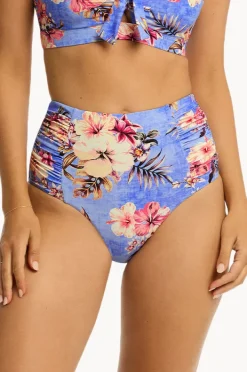 Women Sea Level Blue Hawaii Gathered High Waist Pant