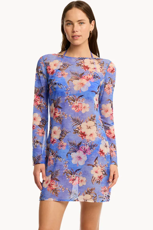 Women Sea Level Blue Hawaii Mesh Short Dress