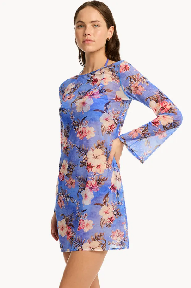 Women Sea Level Blue Hawaii Mesh Short Dress