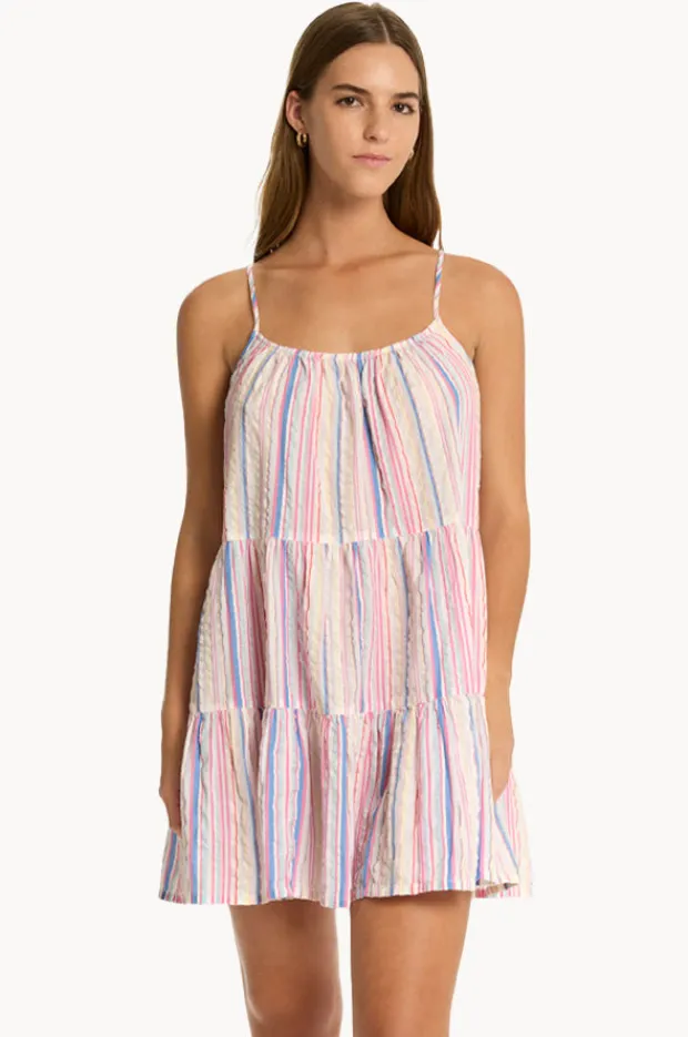Women Sea Level Boho Stripe Tie Back Short Sundress
