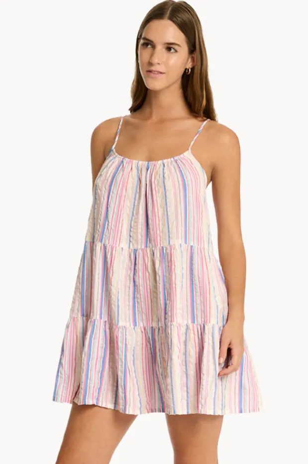 Women Sea Level Boho Stripe Tie Back Short Sundress