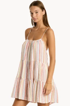 Women Sea Level Boho Stripe Tie Back Short Sundress