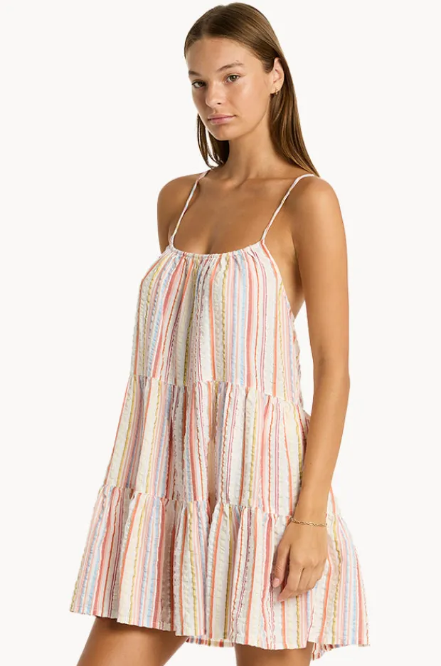 Women Sea Level Boho Stripe Tie Back Short Sundress