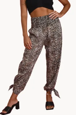 Women Go Girl Cheetah Long Rouched Tie Pants