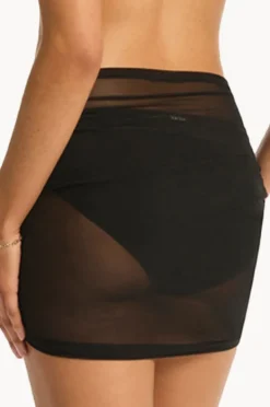 Women Sea Level Day Club Drawstring Mini Mesh Skirt