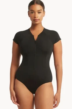 Women Sea Level Eco Essentials Zip Front Short Sleeve Sunsuit