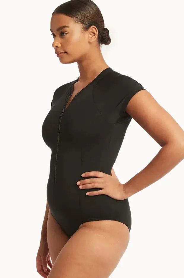 Women Sea Level Eco Essentials Zip Front Short Sleeve Sunsuit