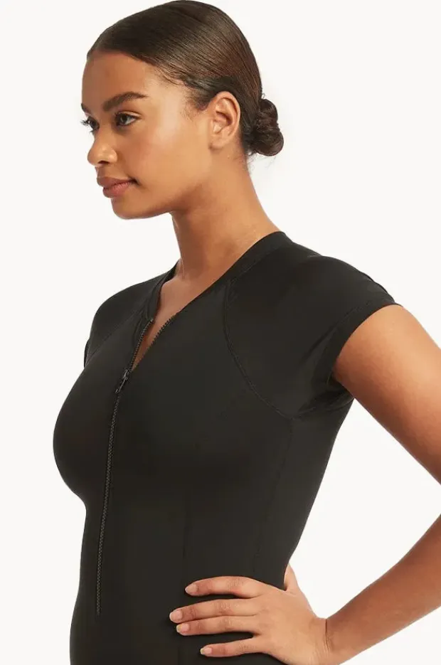 Women Sea Level Eco Essentials Zip Front Short Sleeve Sunsuit