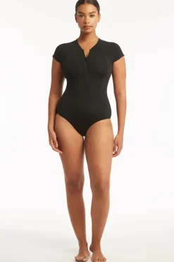 Women Sea Level Eco Essentials Zip Front Short Sleeve Sunsuit