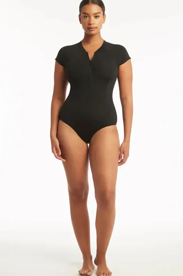 Women Sea Level Eco Essentials Zip Front Short Sleeve Sunsuit