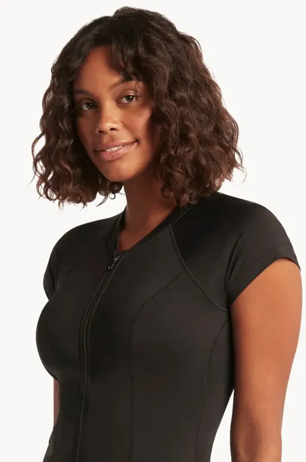 Women Sea Level Eco Essentials Zip Front Short Sleeve Suntop