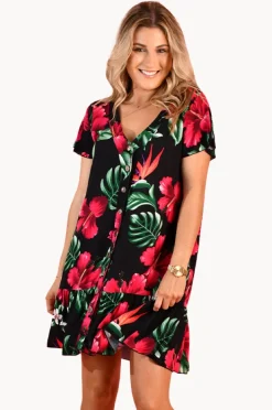 Women Go Girl Pink Hibiscus Cap Sleeve Button Dress