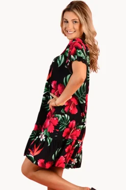 Women Go Girl Pink Hibiscus Cap Sleeve Button Dress