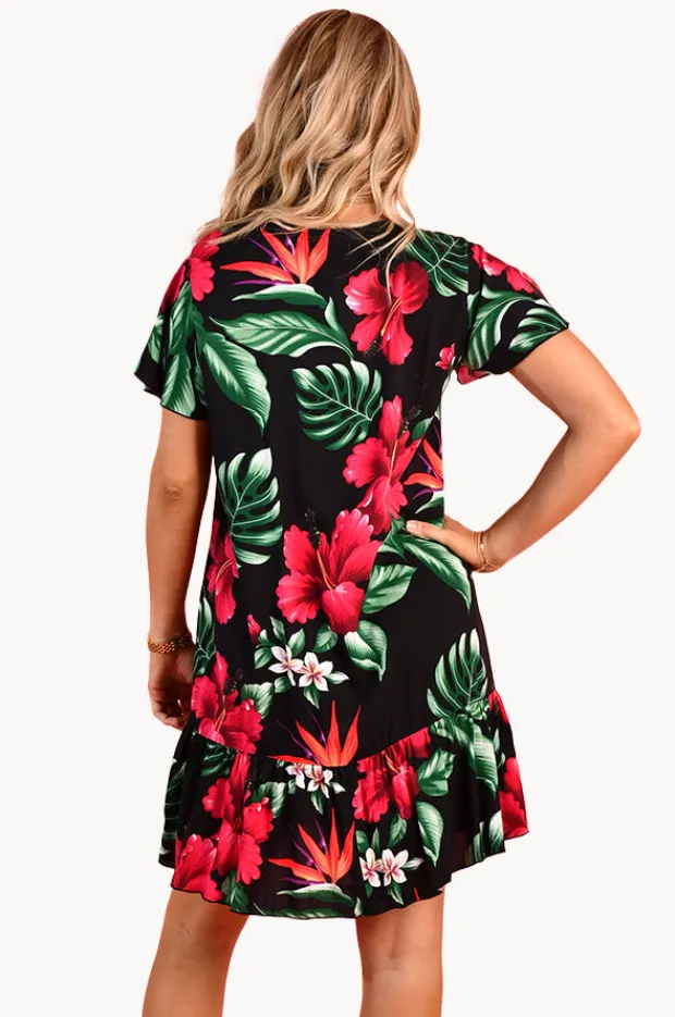 Women Go Girl Pink Hibiscus Cap Sleeve Button Dress
