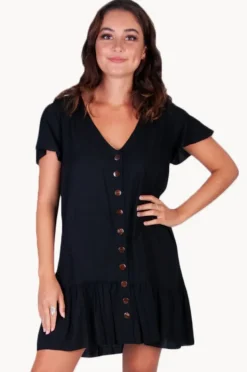 Women Go Girl Plain Cap Sleeve Button Dress
