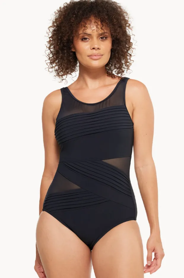 Women Togs Swimwear Plain Mesh Pleated High Neck One Piece