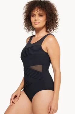 Women Togs Swimwear Plain Mesh Pleated High Neck One Piece