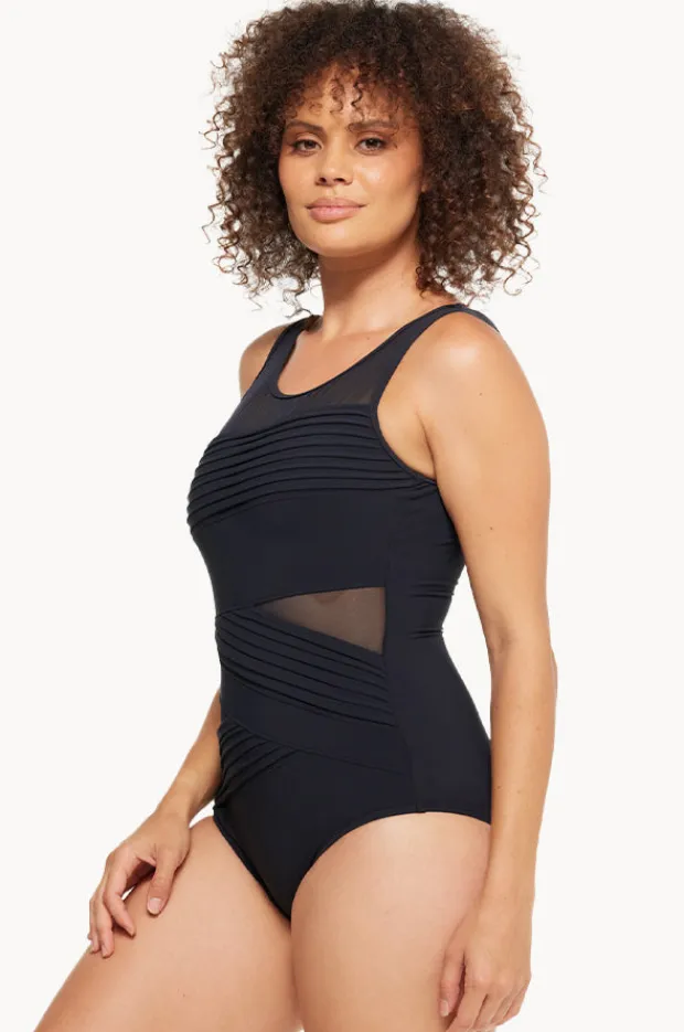 Women Togs Swimwear Plain Mesh Pleated High Neck One Piece