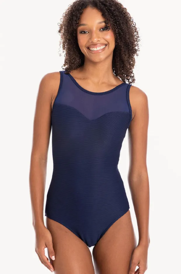 Women Togs Swimwear Plain Textured Mesh High Neck One Piece