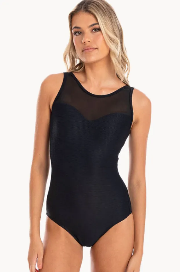 Women Togs Swimwear Plain Textured Mesh High Neck One Piece
