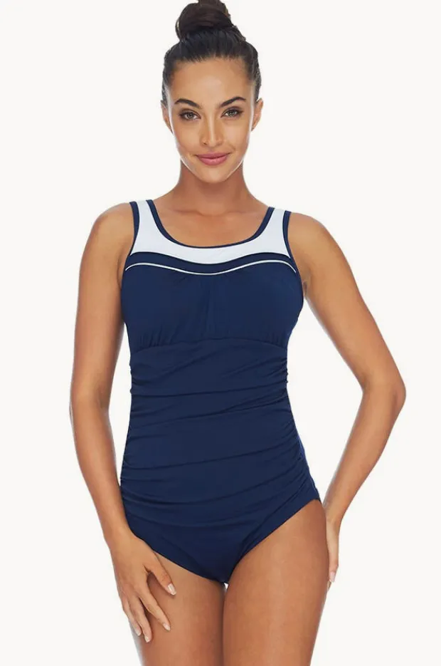 Women Poolproof Ruched Scoop Neck One Piece
