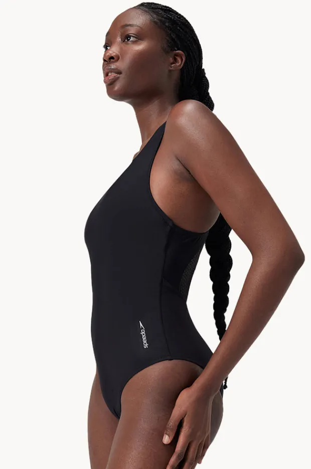 Women Speedo Solid Scoop Neck Mesh Back One Piece