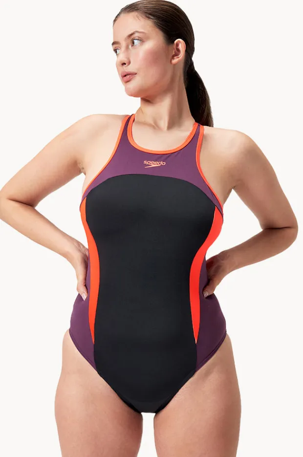 Women Speedo Splice Cross Back High Neck One Piece
