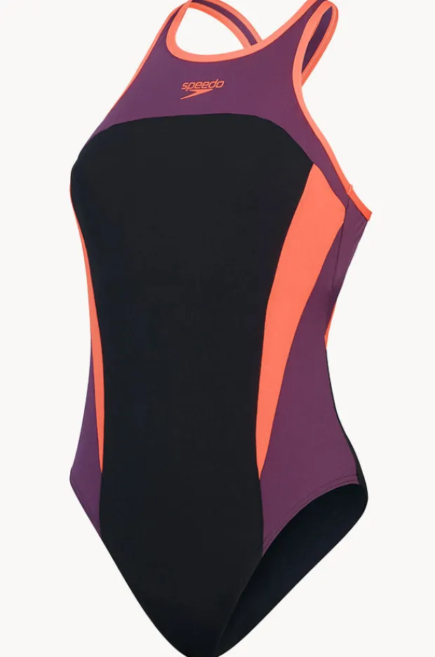 Women Speedo Splice Cross Back High Neck One Piece