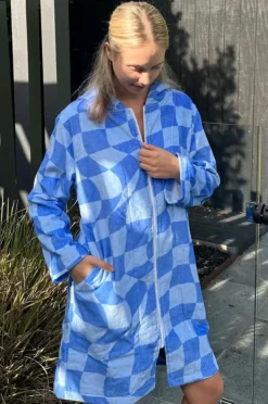 Women Back Beach Co Tidal Checker Hooded Towelling Robe M/L