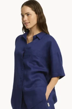 Women Sea Level Tidal Linen Aloha Shirt