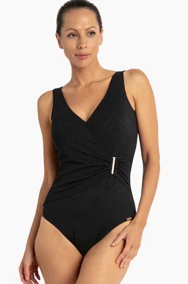 Women Jantzen Zebra Bar Gathered Cross Over One Piece