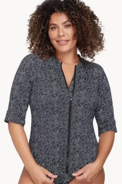 Women Artesands Zig Zag Short Sleeve Zip Suntop
