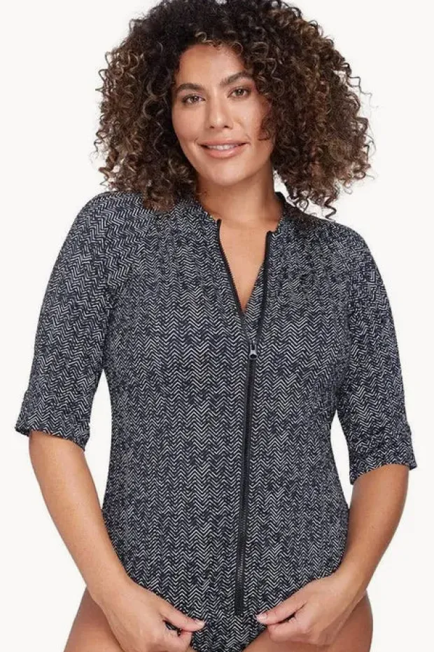 Women Artesands Zig Zag Short Sleeve Zip Suntop